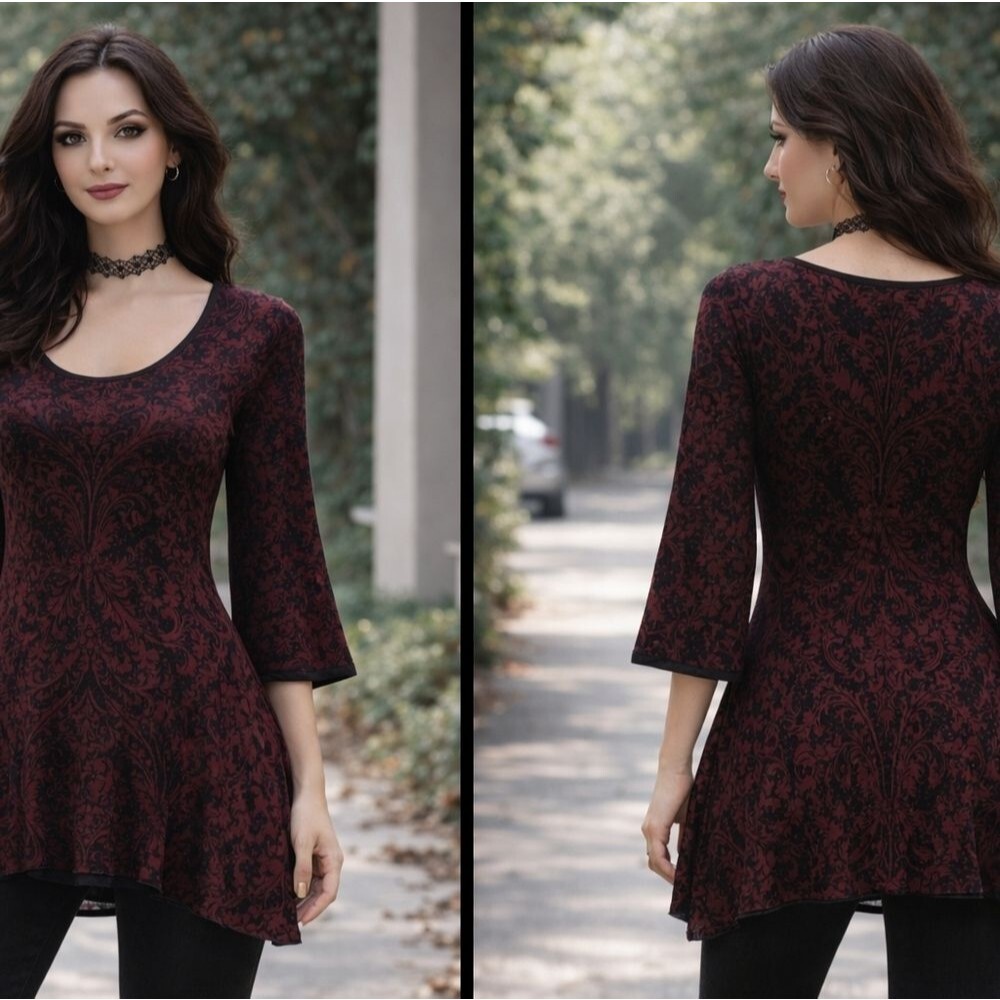 Boho Burnout Tunic Burgundy Black Romantic Goth Stretch Elbow Sleeve Top L